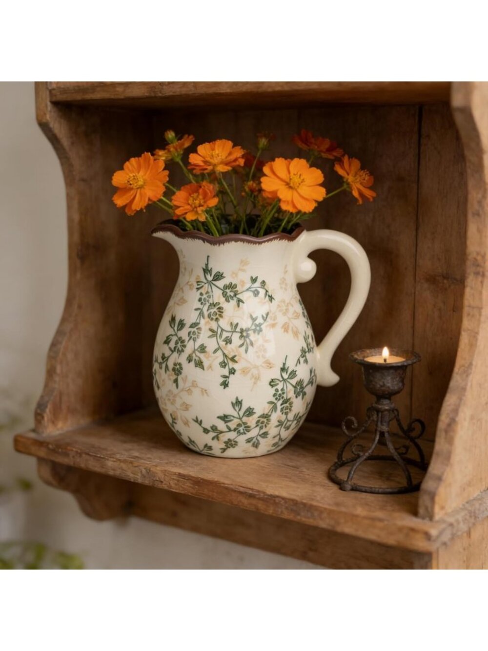 Vintage Floral Ceramic Vase - Rustic Pitcher for Farmhouse Decor, Cottagecore
